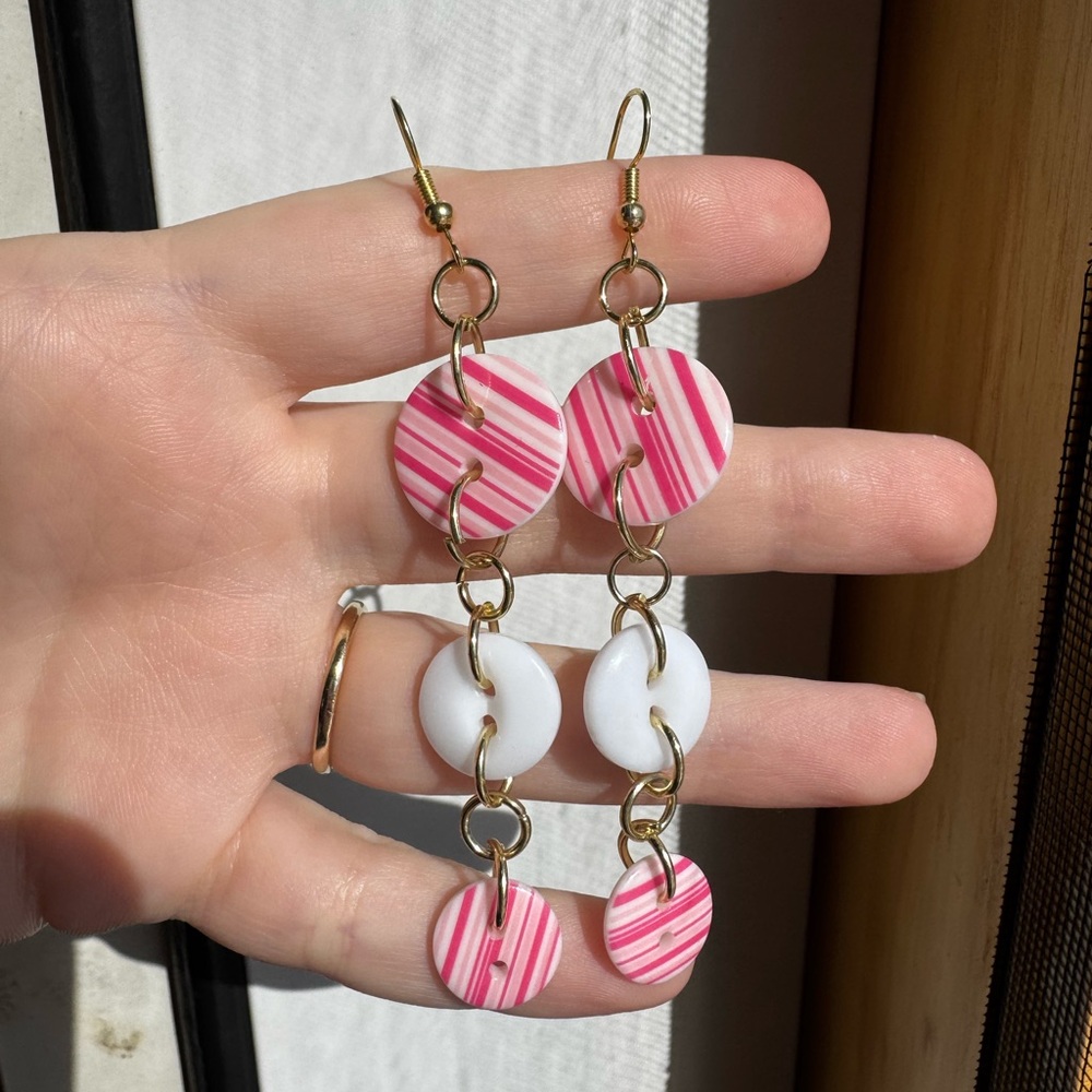 Handmade 2000s inspired pink and white striped button earrings